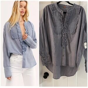 NWT Free People FP One Miles Denim Tuxedo Long Sleeve Shirt Blue Small  $128 NEW